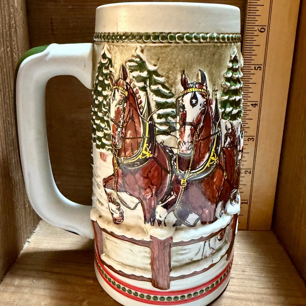 Budweiser Stein mug.  Clydesdales man cave Christmas possibly 1984
